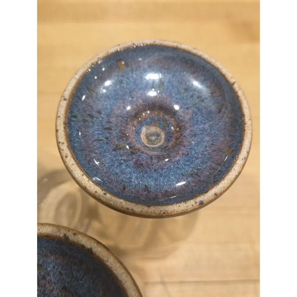 Set of 3 Vintage Studio Pottery Stoneware Wine Glasses Blue Brown Drip Stem